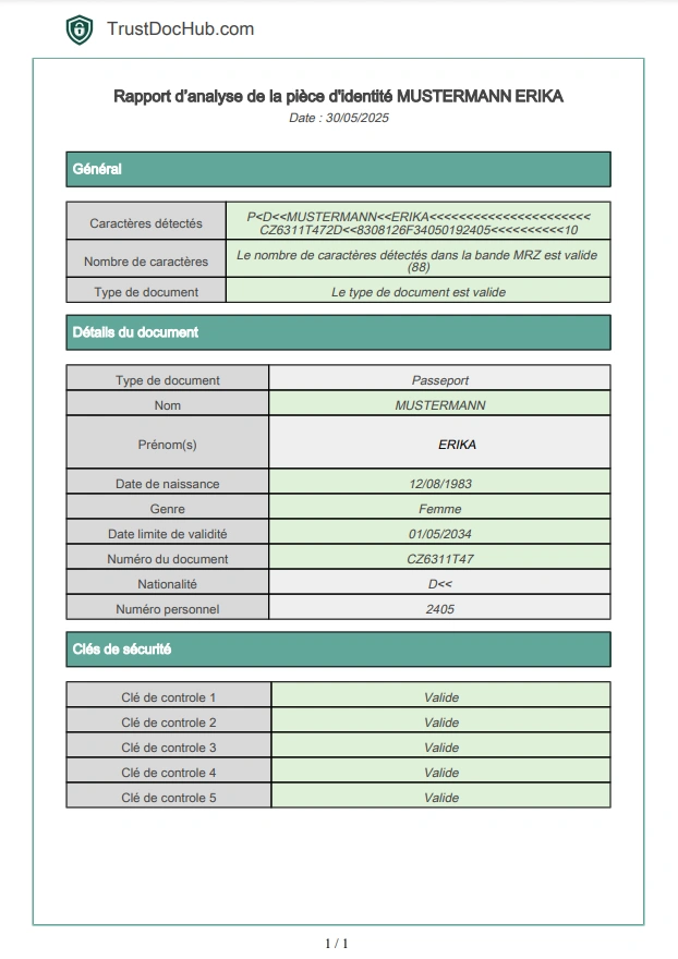 Rapport PDF vérifier la validité d'un passeport allemand
