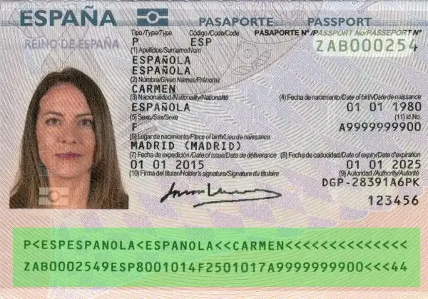 vérification bande MRZ passeport espagnol