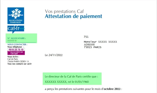 vérification attestation paiement caf