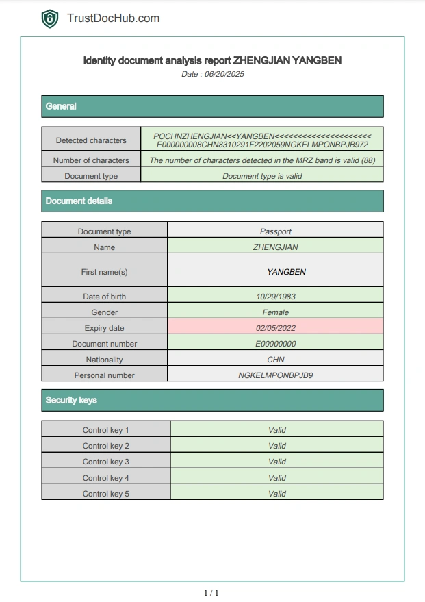 Informe PDF verificación validez pasaporte chino