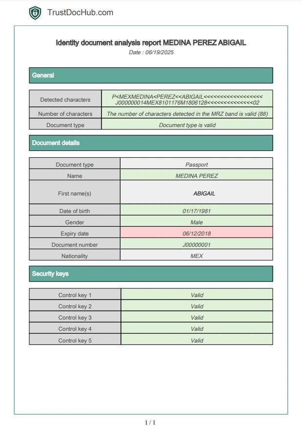 Informe PDF verificación validez pasaporte mexicano