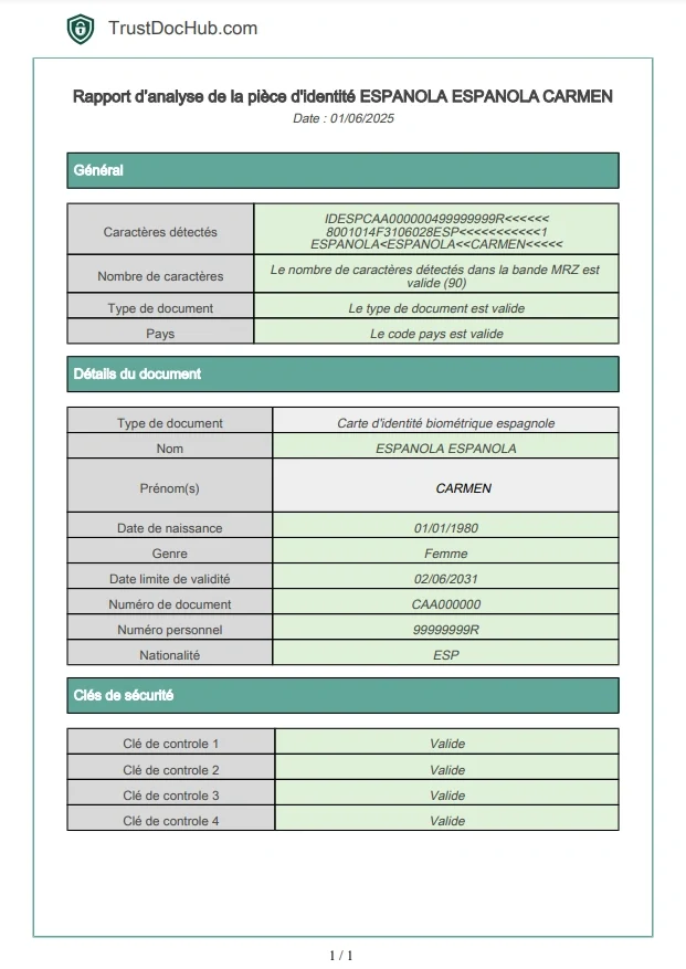 Rapport PDF vérification validité carte d'identité espagnole DNIe