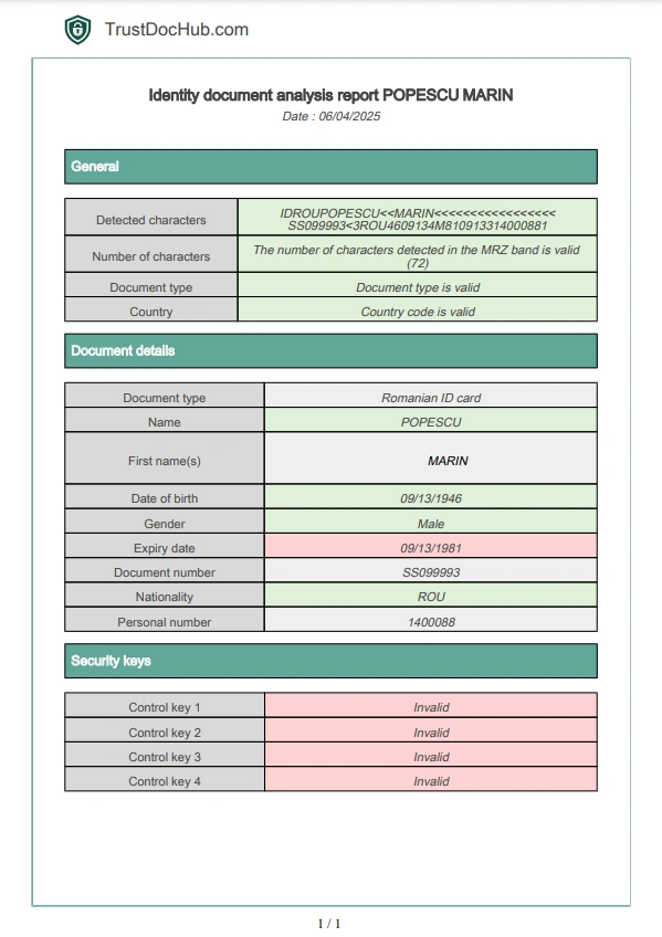 PDF report verifying the validity of the Romanian identity card