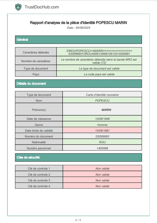 PDF report Romanian identity card validity verification