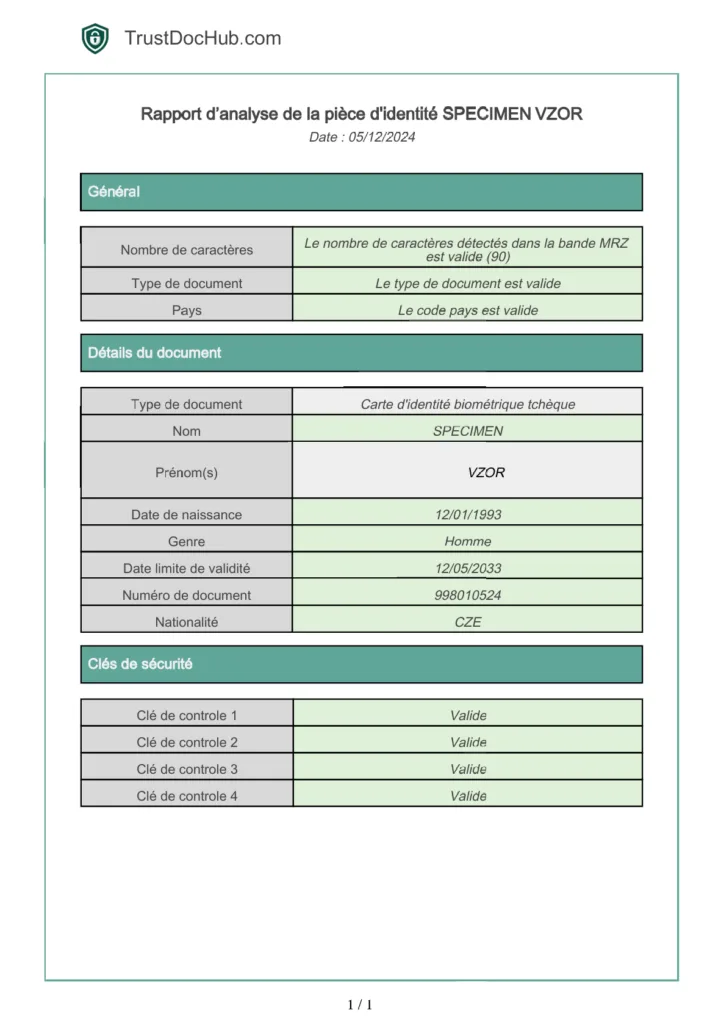 Rapport PDF vérification validité carte d'identité tchèque trustdochub.com