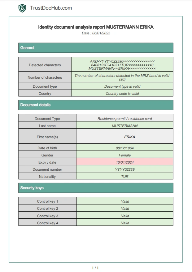 PDF report checking the validity of a German residence permit