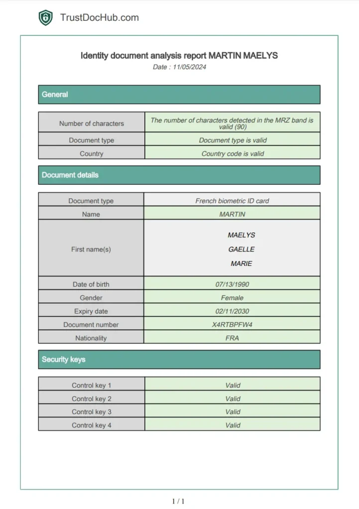 Informe PDF de verificación del documento de identidad electrónico francés