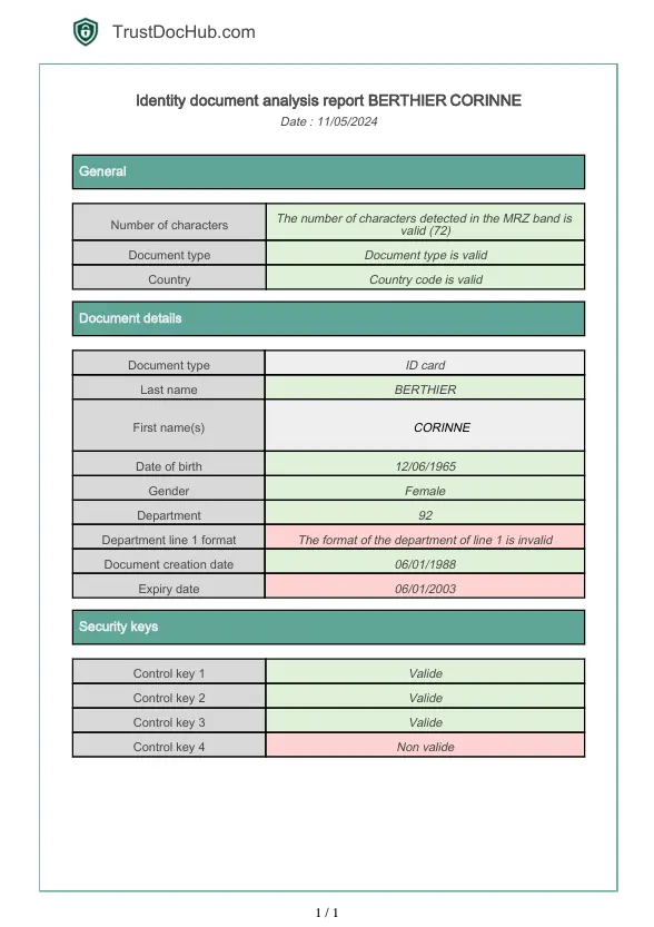 Informe PDF de verificación del documento de identidad francés