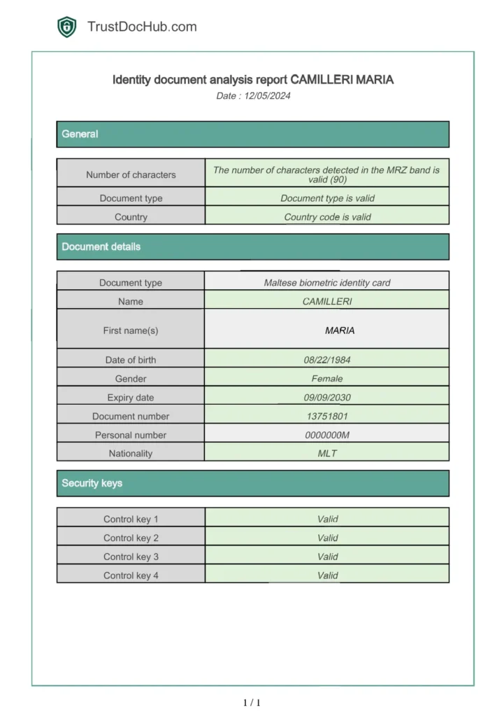 Informe PDF sobre la validez del documento de identidad maltés trustdochub.com