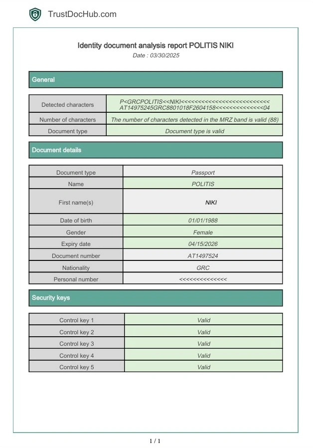 PDF informe MRZ verificación tira pasaporte griego trustdochub.com