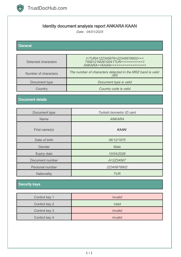 Informe en PDF de verificación de validez de documento de identidad turco de Trustdochub.com