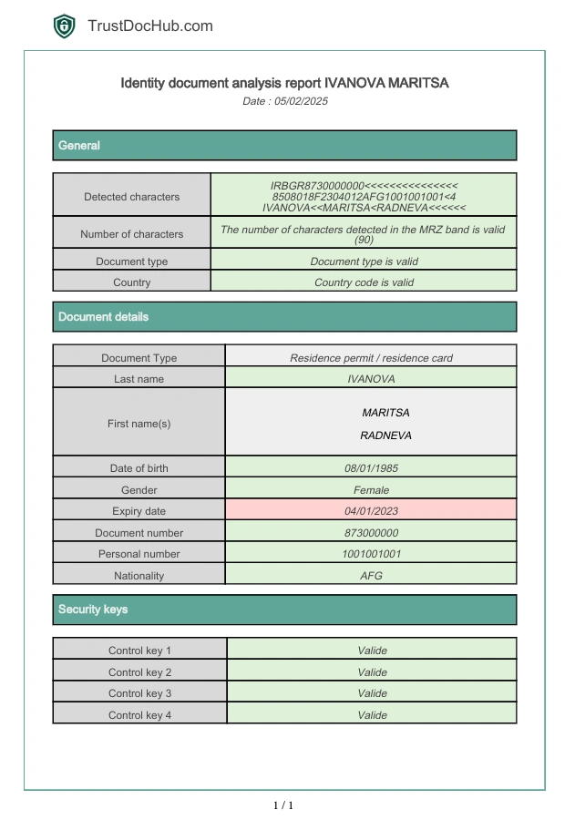 PDF report verifying the validity of Bulgarian residence permit