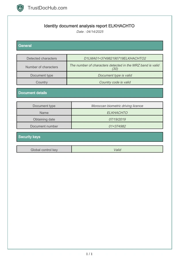 Informe PDF verificación validez permiso de conducir marroquí