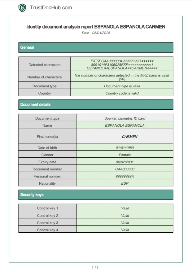 PDF report verifying the validity of Spanish identity card DNIe