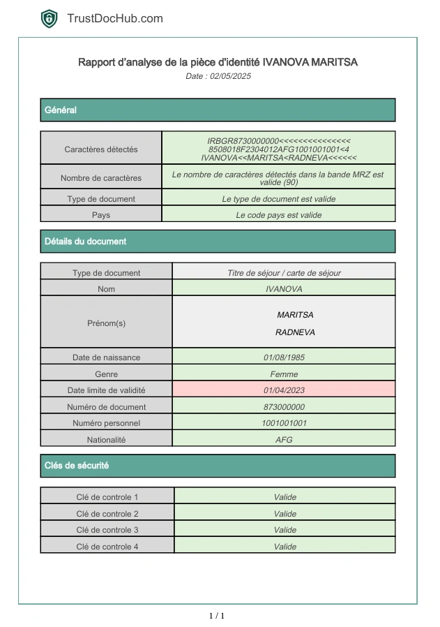 Rapport PDF vérification validité permis de séjour bulgare