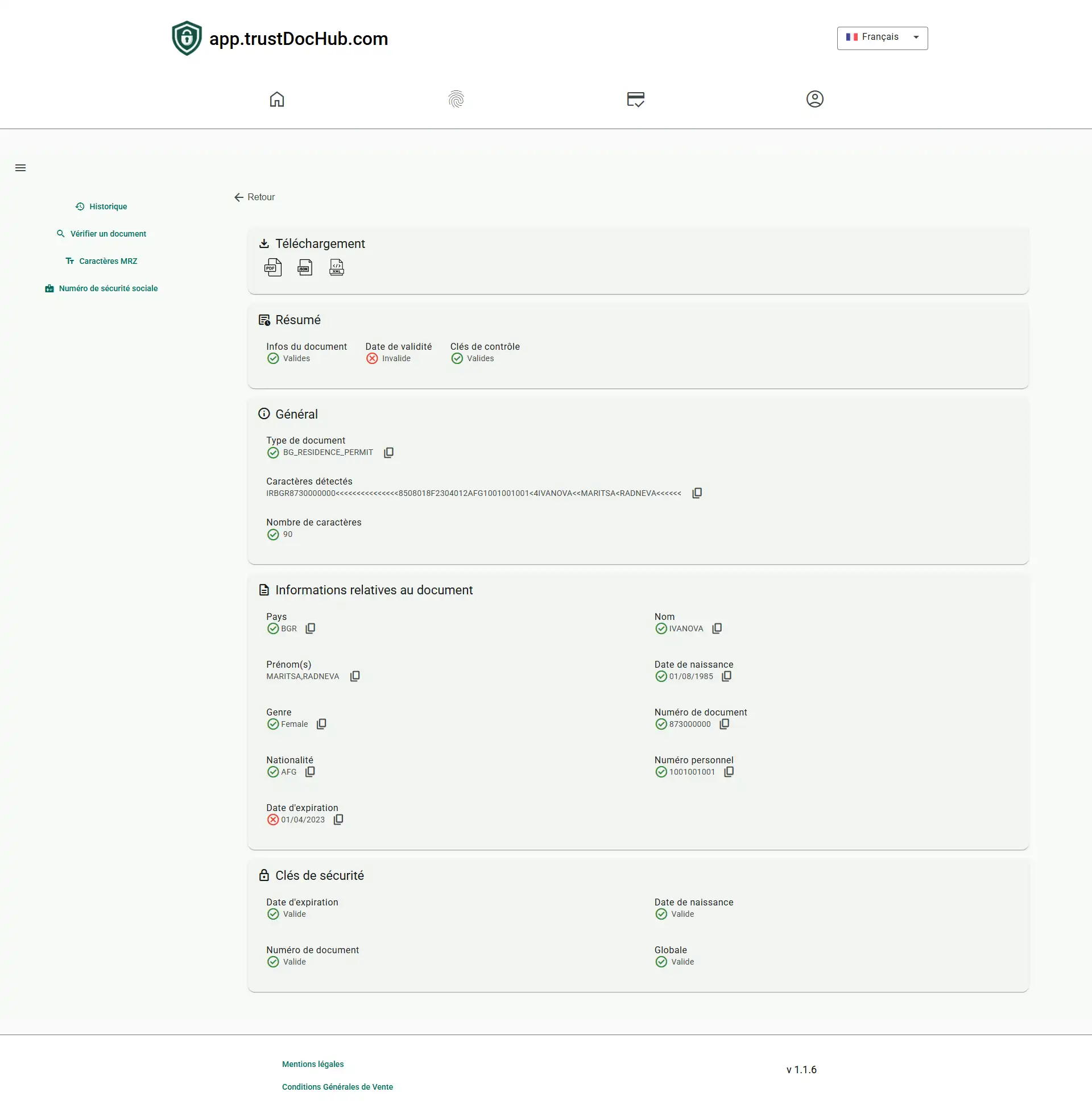 Tableau de bord application web identité