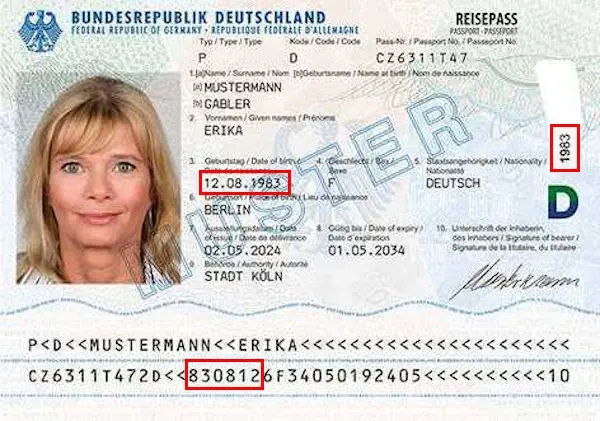 Überprüfung des deutschen Reisepasses, Geburtsdatum Überprüfung des deutschen Reisepasses, Geburtsdatum