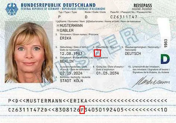 Überprüfen Sie den deutschen Reisepass und das Geschlecht des Inhabers. Überprüfen Sie den deutschen Reisepass und das Geschlecht des Inhabers.