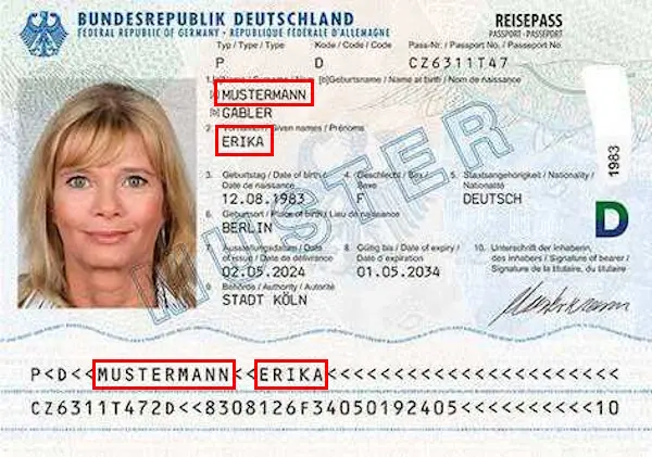 Überprüfen Sie den deutschen Reisepass, Name Überprüfen Sie den deutschen Reisepass, Name