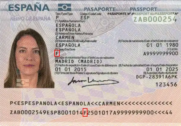 Comprobar pasaporte español, género del titular Comprobar pasaporte español, género del titular