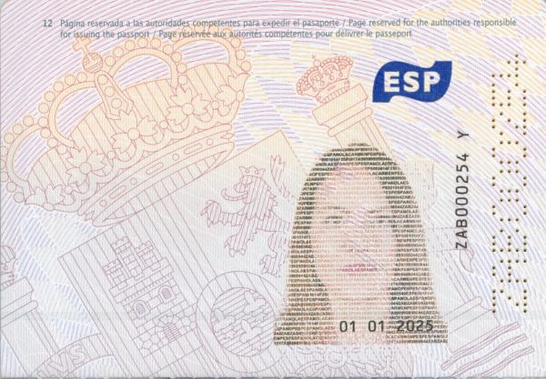 Verificar un pasaporte español, página interior