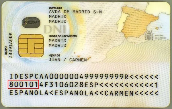 Vérifier une carte d'identité espagnole, date de naissance verso Vérifier une carte d'identité espagnole, date de naissance verso
