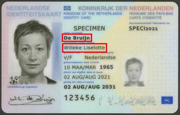 Consultar el nombre del frente de un documento de identidad holandés en línea Consultar el nombre del frente de un documento de identidad holandés en línea