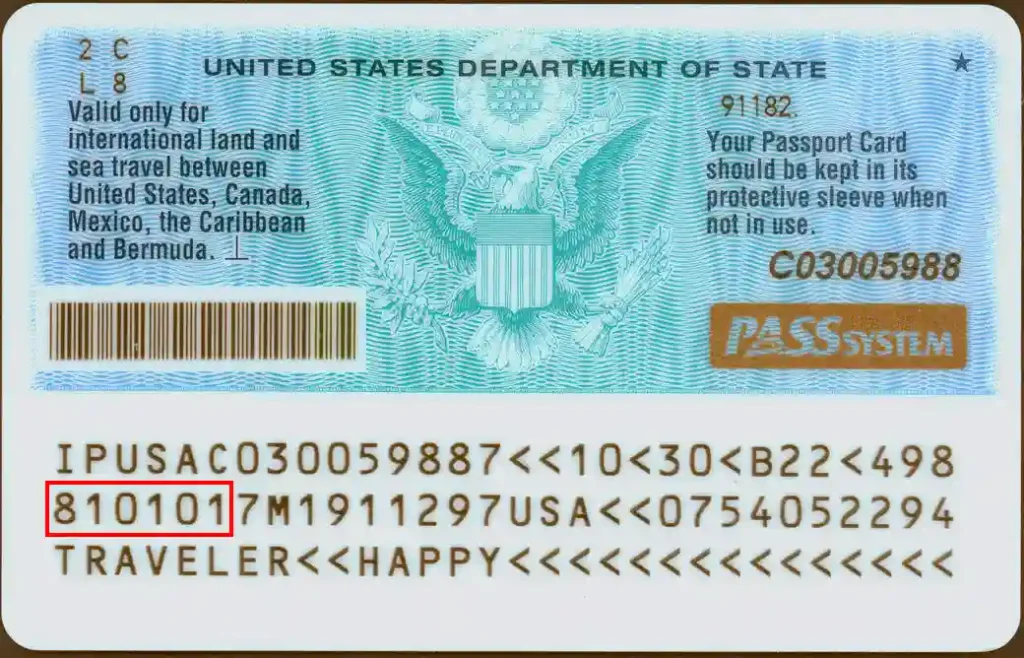 Verify a U.S. passport card, date of birth back Verify a U.S. passport card, date of birth back