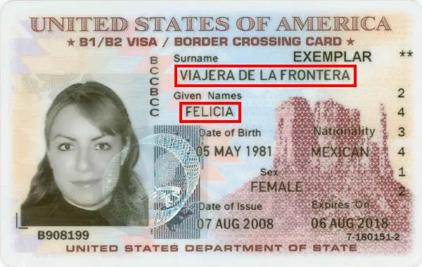 Verifique una tarjeta de cruce fronterizo estadounidense, nombre y apellido Verifique una tarjeta de cruce fronterizo estadounidense, nombre y apellido