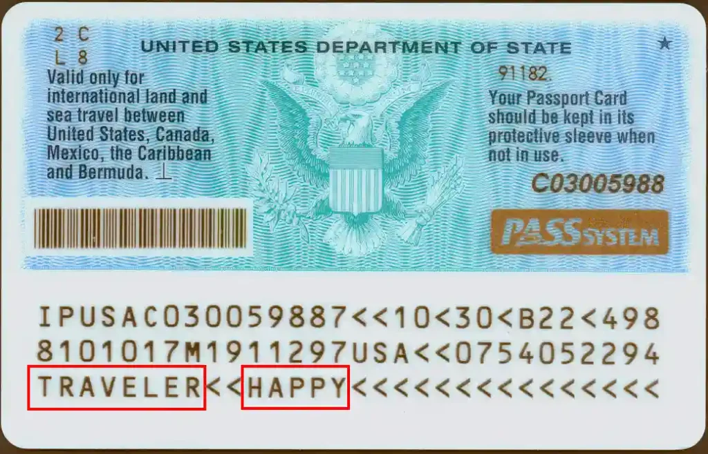 Verify a U.S. passport card, last name back Verify a U.S. passport card, last name back
