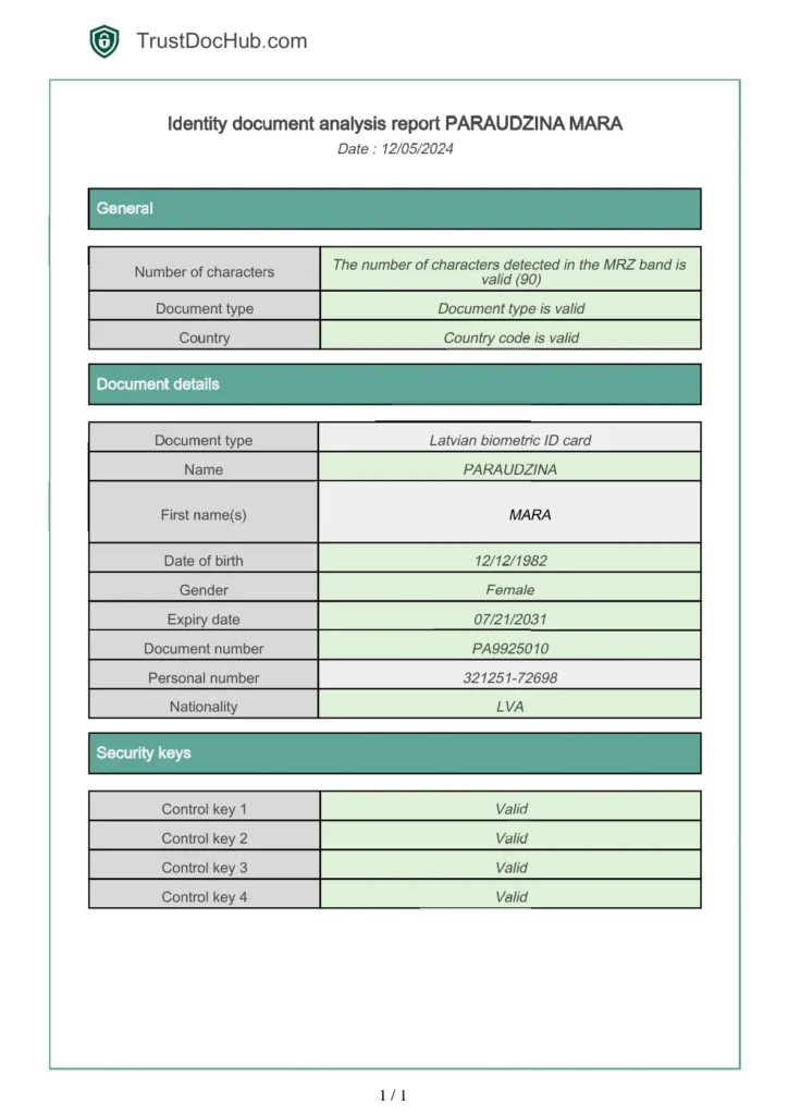 Informe PDF verificación validez tarjeta de identidad letona