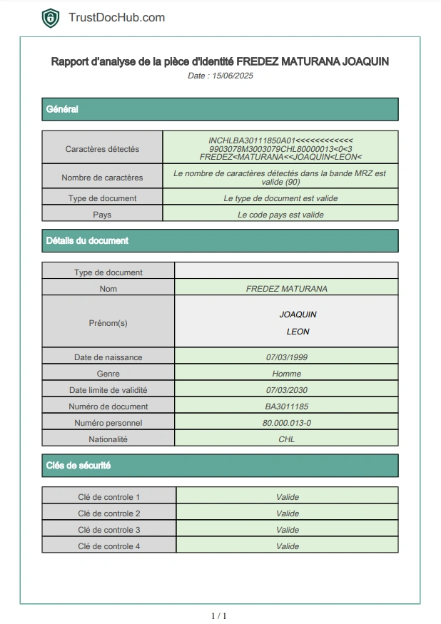 Rapport PDF vérification validité carte d'identité chilienne