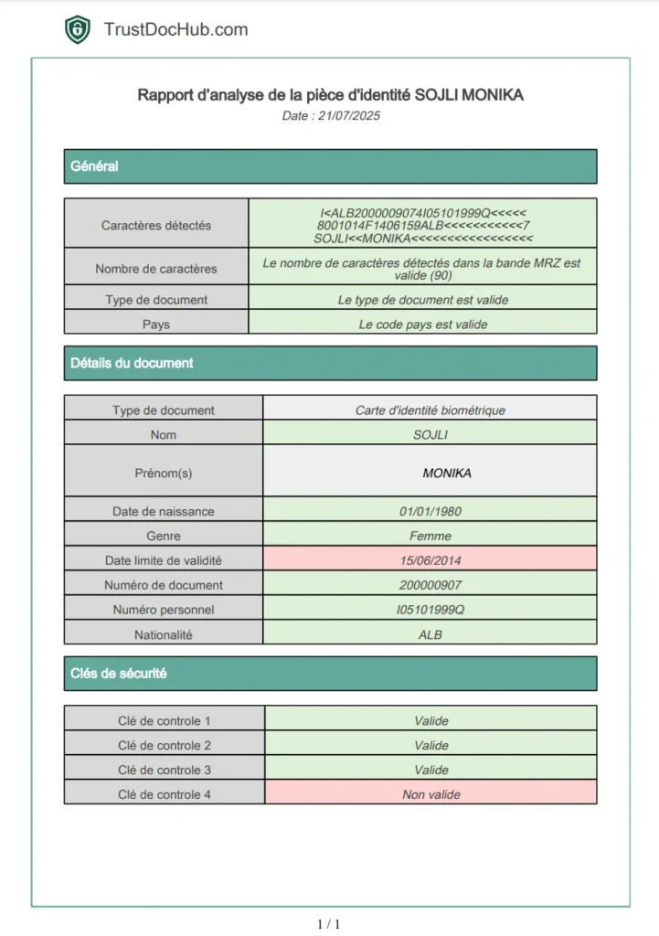 Rapport PDF vérification validité carte d'identité albanaise (Letërnjoftim)
