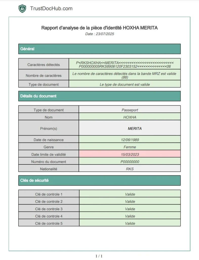 Rapport PDF vérification validité passeport kosovar