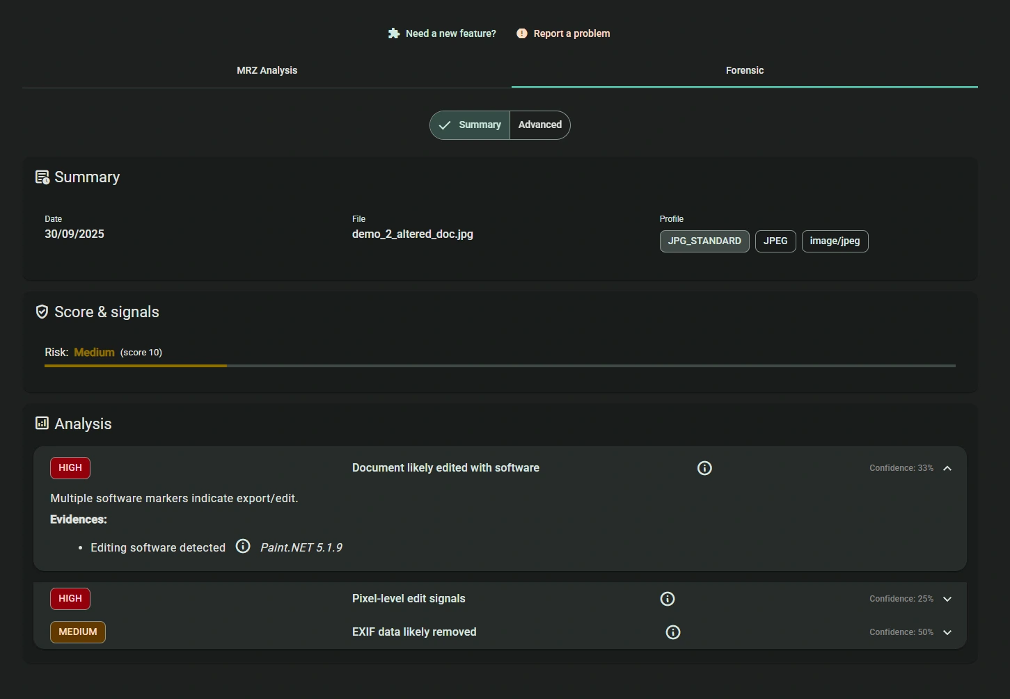 Forensics tab, Pro analysis level with scenarios