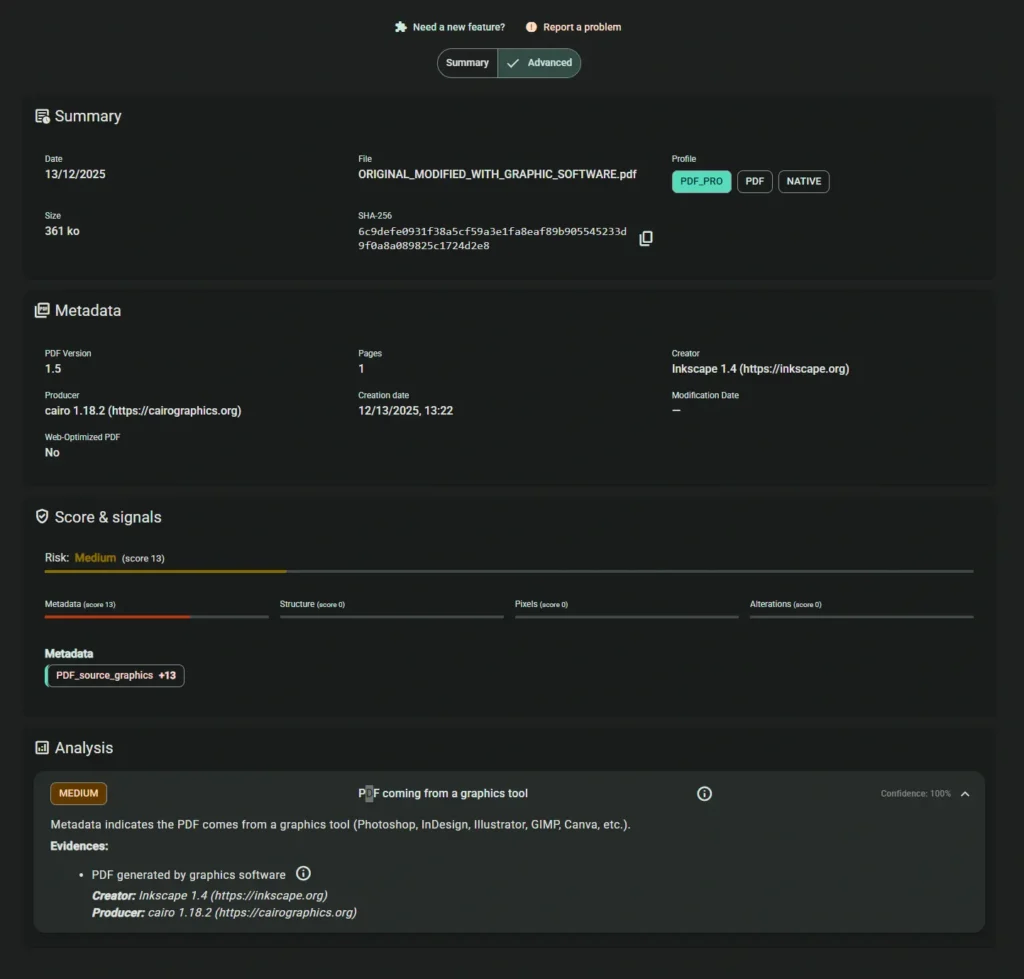 Analysis results of the PDF document in the web application