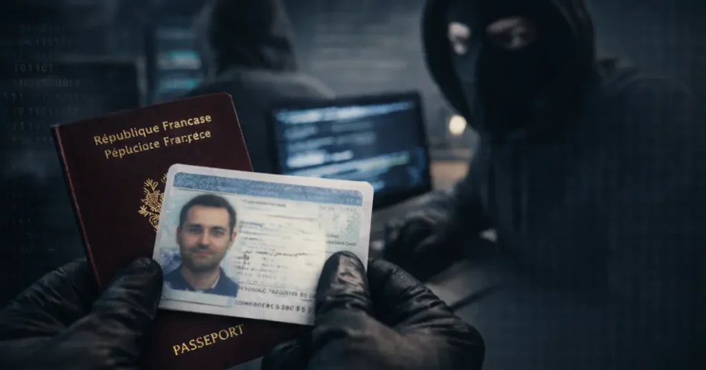 Identity theft illustration showing document fraud and identity verification process